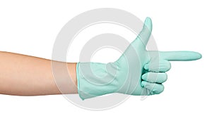 Hand with rubber glove, protection uniform, medicine safety and care concept