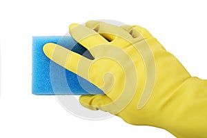 Hand in rubber gloves holding sponge