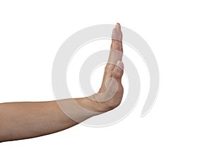 Hand`s man in action stop or deny sign. Concept for not get close or distancing on outbreak situation or deny circumstance