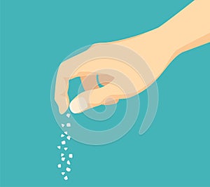 Hand salting food. Pinch of salt. Vector illustration