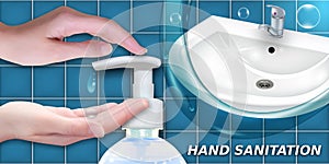 Hand Sanitation illustration. Hand Sanitizer antiseptic gel in bottles with dispenser or antibacterial soap. Banner with womens