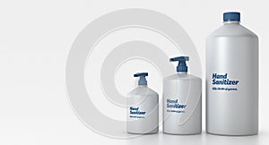 Hand sanitizer bottle.Hand disinfectant. Personal hygiene.3d.isolated.Three bottles of different sizes