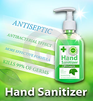 Hand Sanitizer gel ads. Antiseptic hand gel in bottles with dispenser. Antibacterial effect, best protection against viruses.