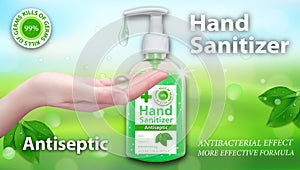 Hand Sanitizer gel ads. Antiseptic hand gel in bottles with dispenser. Horizontal banner Best protection against viruses, with