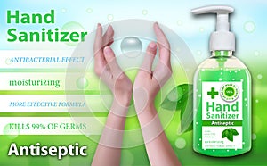 Hand Sanitizer gel ads. Antiseptic hand gel in bottles with dispenser. Horizontal banner with womens hands. Best protection