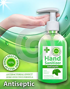 Hand Sanitizer gel ads. Antiseptic hand gel in bottles with dispenser. Vertical banner, antibacterial effect, best protection