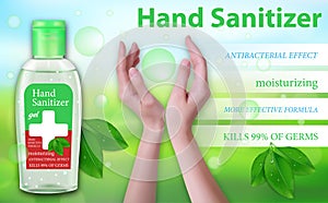 Hand Sanitizer gel ads. Antiseptic hand gel in bottles with womens hands and leaves, antibacterial effect. Best protection against