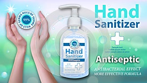Hand Sanitizer gel ads. Horizontal banner with womens hands. Antiseptic hand gel in bottles with dispenser. Best protection