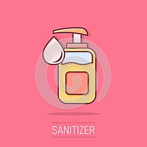 Hand sanitizer icon in comic style. Antiseptic bottle cartoon vector illustration on isolated background. Disinfect gel splash