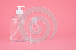 Hand sanitizer liquid, antibacterial alcoholic liquid in a transparent plastic bottle