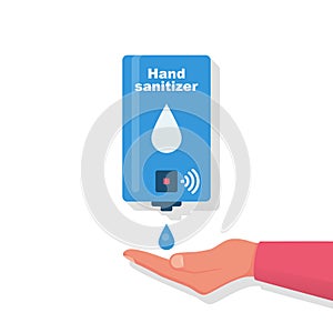 Hand sanitizer wall. People use automatic alcohol antiseptic gel. photo