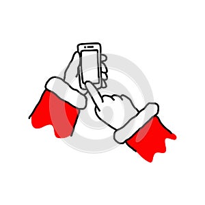 hand of Santa claus holding mobile smart phone vector illustration doodle hand drawn isolated on white background