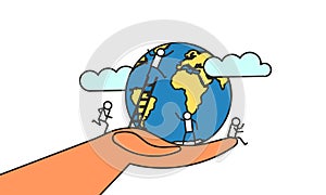 Hand save world Earth globe vector illustration environment concept. Garbage planet ecology background. Eco nature global