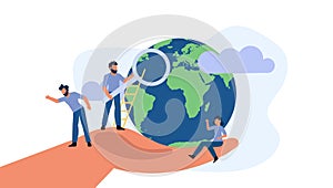 Hand save world Earth globe vector illustration environment concept. Garbage planet ecology background. Eco nature global