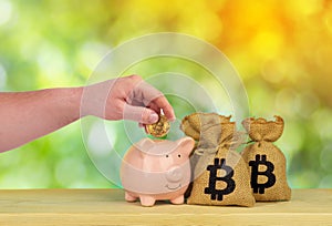 A hand Saving golden bitcoin in piggy bank and sack bags with bincoin sign trading money with cryptocurrency profit