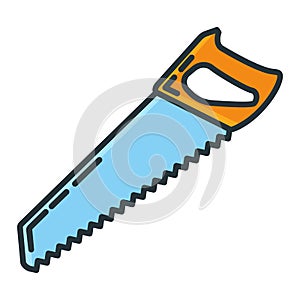 Hand saw construction repair tool icon, concept hacksaw work toolkit renovation house line flat vector illustration, isolated on