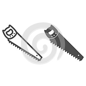 Hand saw line and solid icon, Garden and gardening concept, Hacksaw sign on white background, metal handsaw icon in