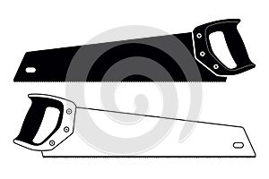 Hand Saw Silhouette and Outline. Vector Hacksaw Isolated Illustration. Carpenter Tool, Wood Cutting