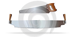 Hand saw with wooden handle. Vector icon