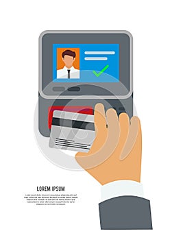 Hand scanning ID card to the attendance machine. . Simple flat illustration.