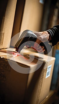 Hand Scanning Package with Barcode Reader in Warehouse Setting