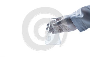 Hand scientist wearing rubber gloves and hold Erlenmeyer flask isolated on white