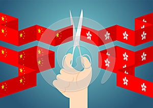 Hand with scissors cut flag paper chain of China and Hong Kong, Protest extradition legal problem concept poster and social banner