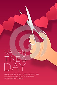 Hand with scissors cut Heart paper chain, Valentine`s day concept layout poster template design illustration isolated on pink