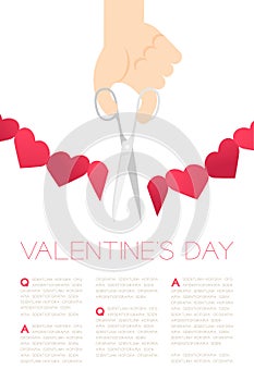 Hand with scissors cut Heart paper chain, Valentine`s day concept layout poster template design illustration isolated on white