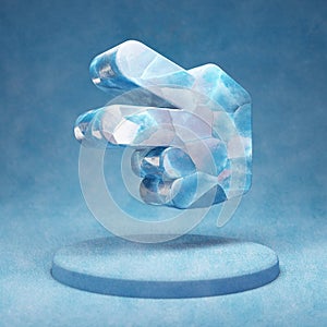 Hand Scissors icon. Cracked blue Ice Hand Scissors symbol on blue snow podium