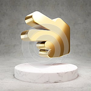 Hand Scissors icon. Shiny golden Hand Scissors symbol on white marble podium