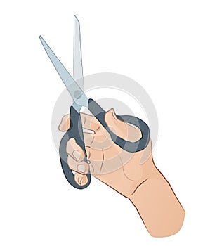 Hand with scissors on white background.