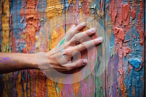 hand scrubbing colorful graffiti from a wooden surface