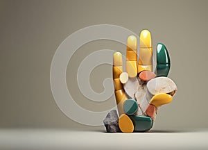 Hand sculpture constructed of colorful stone fragments.