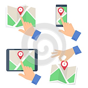 Hand searchig for location on various maps. Vector concept illus