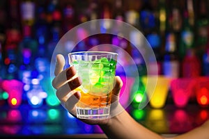 hand seizing a daiquiri glass, party lights at back photo