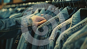 The hand selecting denim jacket..AI generated image photo
