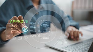 Hand selecting digital approval check mark with checklist and document icons on screen. Concept for business process, workflow