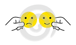 Hand is selecting a happy mood smiley. Vector
