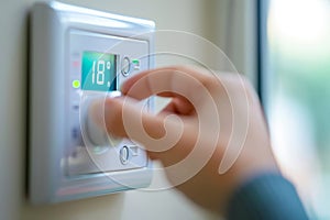 Hand setting the temperature on the thermostat in modern home. Generative AI