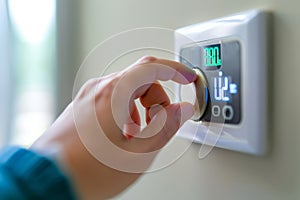 Hand setting the temperature on the thermostat in modern home. Generative AI