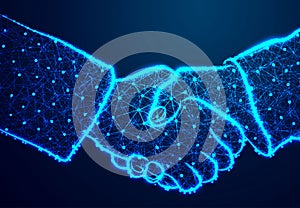 Hand shake. Abstract low poly, Triangle, dot, line, polygon. Shine blue background, Vector illustration.
