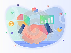 Hand shake background of pie chart money graph bubble chat icon set business partnership concept with flat style.