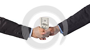 Hand shake between a businessman with dollar money on white back
