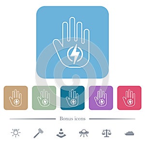 Hand shaped electricity energy sanction sign outline flat icons on color rounded square backgrounds