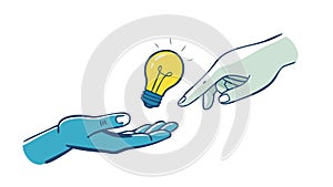 Hand Sharing Idea Light Bulb, Creative Collaboration, vector design Generative AI