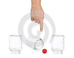 Hand and shell game with glass jars