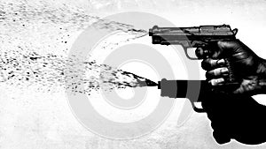 Hand shooting water pistol 70's style, black and white photo
