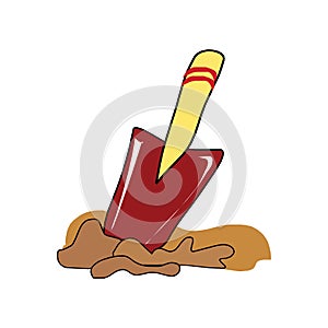 Hand shovel in ground, gardening tools equipment, spring work, isolated on a white background in EPS10