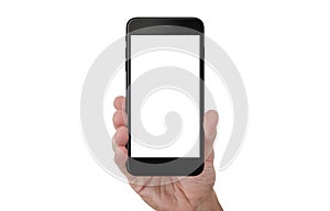 Hand show black phone with isolated white screen for mockup